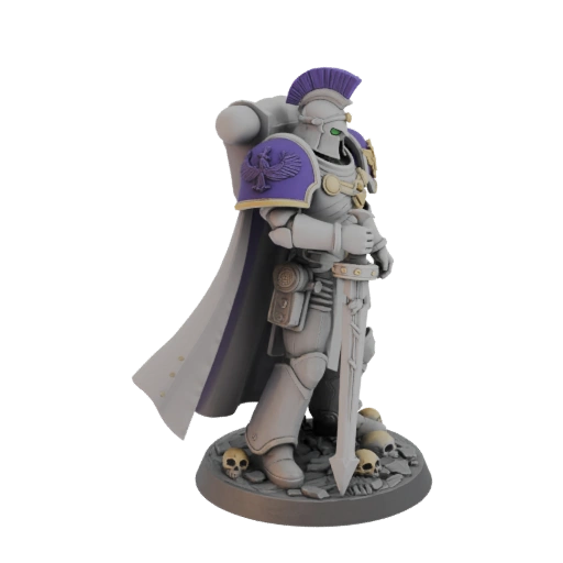 Fantasy miniature of ADEL, grimdark style, for 3D printing. Standing heroic pose with ornate flowing cape. Wearing WH...