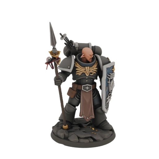 Фигурка ветерана Караула смерти (deathwatch) из вселенной Warhammer 40000. В правой руке он небрежно держит копье, за...